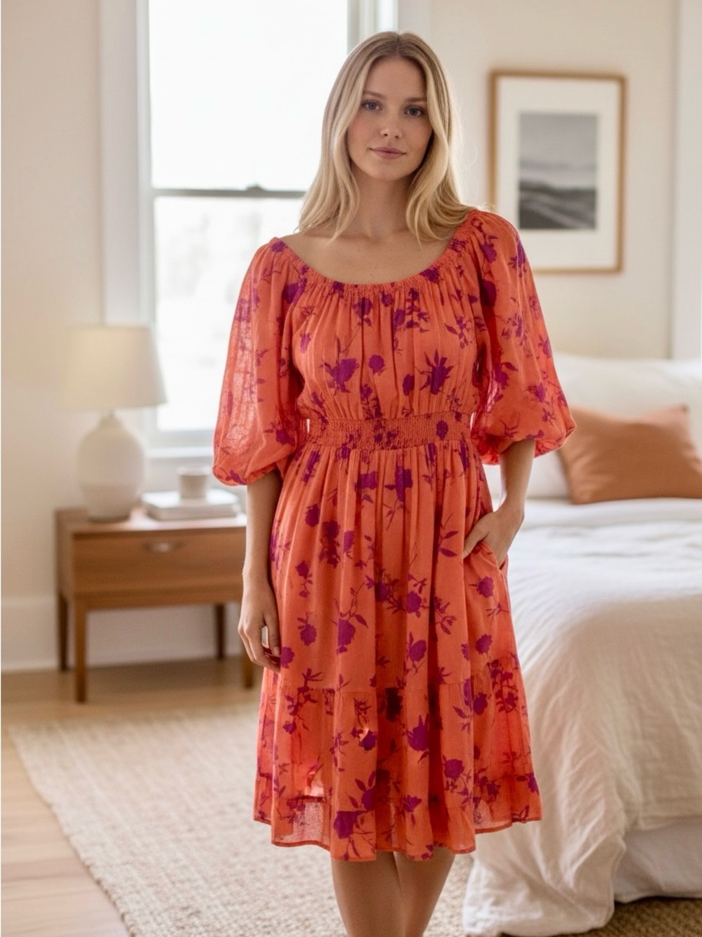 easel Coral Midi Dress with Purple Floral Print - Picture 9 of 9